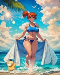 abs adapted_costume ai_generated armpits asymmetrical_hair bangs bare_legs beach bikini blue_bra blue_clothing blue_eyes blue_panties blue_top breasts clothing cowboy_shot eyelashes female female_only game_freak gen_1_pokemon gym_leader hair_tie high_resolution hips huge_breasts kasumi_(pokemon) large_breasts legs misty_(pokemon) muscular muscular_female navel nintendo nipples orange_hair pokemon pokemon_(anime) pokemon_(game) pokemon_character pokemon_rgby pokemon_species pokemon_trainer ponytail psyduck shirt short_hair shorts side_ponytail solo swimsuit thick_thighs thighs tied_hair water wet wet_body