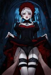 ai_generated dress female goth gothic long_skirt overlord_(maruyama) pale_skin pov pumpkinseed shalltear_bloodfallen skirt_lift