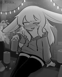 absurd_res anthro blush blush_lines canid canine clothing drunk_bubble female fox hi_res hoodie kookix legwear mammal solo thigh_highs topwear