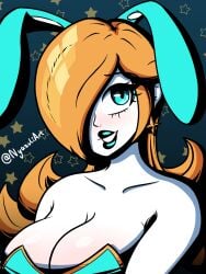 1girls 2020s 2024 artist_name ass big_breasts blonde_hair blue_background blue_eyes blue_lipstick blush breasts bunny_ears earrings female female_only hair_over_one_eye lipstick long_hair looking_at_viewer mario_(series) nintendo nyazui parted_lips princess_rosalina shiny_skin simple_background smile solo star_earrings twitter_username