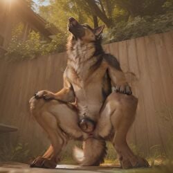 ai_generated anatomically_correct anatomically_correct_genitalia animal_genitalia animal_pussy anthro anus black_body black_fur canid canine canine_genitalia canine_pussy canis chest_tuft closed_eyes crouching detailed detailed_fur domestic_dog female fur furry genitals german_shepherd hand_on_knee hand_on_leg herding_dog hi_res lens_flare light looking_up mammal meditating pastoral_dog pawpads paws polar_(director) pussy semi-anthro solo sunlight tan_body tan_fur tuft