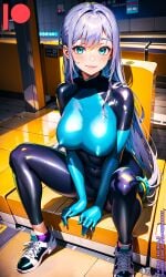 ai_generated bodysuit breasts female kuriboh_ex_(artist) latex latex_suit oppai pussy rubber rubber_suit turquoise_eyes turquoise_hair