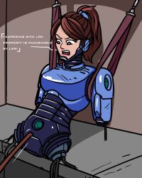 angry captured crotch_plate crowbar cybernetics cyborg damaged female helpless imminent_rape legless oc pulling_open restrained robocop_(franchise) thisotherwriter wires