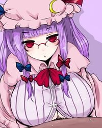 breasts censored cleavage dark-skinned_male female glasses han64 han_(jackpot) hat huge_breasts human male paizuri paizuri_under_clothes patchouli_knowledge penis purple_hair red_eyes straight touhou