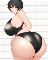 armpit_crease black_hair black_one-piece_swimsuit black_swimsuit blue_eyes cowboy_shot huge_ass huge_breasts looking_at_viewer one-piece_swimsuit short_hair swimsuit tokitamago