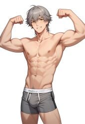 1boy abs ai_generated bsky_link caelus_(honkai:_star_rail) civitai dvxxxgrai flexing grey_hair honkai:_star_rail male_focus male_only male_underwear navel nipples nude pony_diffusion_xl smile solo standing tagme topless topless_male twitter twitter_link underwear underwear_only white_background