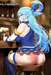 1girls ai_generated alterism aqua_(konosuba) aqua_eyes ass ass_focus big_breasts blue_eyes blue_hair curvaceous curvy curvy_figure detached_sleeves dress drinking female_focus female_only from_behind hair_ornament hourglass_figure huge_ass indoors kono_subarashii_sekai_ni_shukufuku_wo! large_breasts light-skinned_female light_skin long_hair looking_at_viewer looking_back miniskirt naughty_face shiny_skin sitting smirk solo spank_marks spanked spanking thick_thighs thigh_boots thighhighs wide_hips zettai_ryouiki