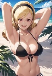 ai_generated armpits arms_up bikini bikini_top black_bikini black_bikini_top blonde_female blonde_hair breasts king_of_fighters king_of_fighters_maximum_impact large_breasts lien_neville looking_at_viewer pale-skinned_female smile