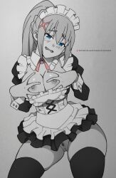 1girls animanghayodraw black_and_white breasts censored darkness_(konosuba) female female_only kono_subarashii_sekai_ni_shukufuku_wo! large_breasts looking_at_viewer maid maid_uniform monochrome pubic_hair pussy solo thighhighs thighs wide_hips