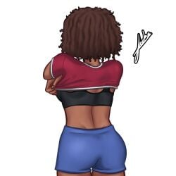 1girls 2d 2d_(artwork) afro alternate_version_available brown_hair curly_hair dark-skinned_female dark_skin digital_drawing_(artwork) digital_media_(artwork) female female_focus female_only gym_shorts joakadraws presenting rhonda_(summertime_saga) shirt shirt_lift shirt_up shorts simple_background solo solo_focus sports_bra sportswear standing summertime_saga tank_top tank_top_lift undressing watermark white_background