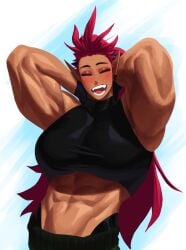 1girls abs ali_(sotcho) big_breasts blush closed_eyes earrings female female_only hand_behind_head long_hair muscles muscular muscular_female pointy_ears portrait red_hair smiling smiling_at_viewer solo sotcho three-quarter_portrait very_high_resolution