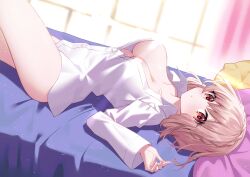 bed bedroom breasts cleavage date_a_live female female_only light-skinned_female open_clothes open_shirt pink_eyes pink_hair shirt short_hair solo solo_female sonogami_rinne thighs