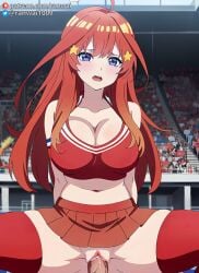 ai_generated anime blue_eyes bondage cheerleader cheerleader_outfit cowgirl_position go-toubun_no_hanayome large_breasts nakano_itsuki pov quintuplets ranwai red_hair sex stable_diffusion uncensored vaginal_penetration vaginal_sex