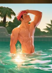 1boy abs armpit bara bare_pectorals completely_nude erection frde gay hand_on_head itadori_yuuji jujutsu_kaisen male male_focus male_only muscles muscular muscular_male nipples nude partially_submerged pink_hair pool solo sunlight yaoi