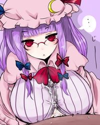 breasts cleavage cum cum_on_body cum_on_breasts cum_on_upper_body cum_through_clothes cum_through_clothing dark-skinned_male female glasses han64 han_(jackpot) hat huge_breasts male paizuri paizuri_under_clothes patchouli_knowledge penis purple_hair red_eyes straight touhou