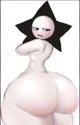 artist_request ass ass_focus big_ass black_eyes black_hair blush fat_ass friday_night_funkin friday_night_funkin_mod giant_ass hyper_ass looking_back looking_back_at_viewer naked naxinet_(character) nude pointy_hair standing star_head white_background white_body white_skin