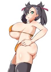 1girls aged_up bikini black_hair blush blush breasts busty detritus duvet208 earrings female female_only game_freak green_eyes hair_over_one_eye huge_breasts large_breasts light-skinned_female light_skin marnie_(pokemon) massive_breasts navel nintendo pokemon pokemon_ss simple_background solo top_heavy twintails underboob wide_hips