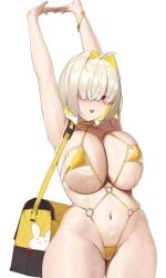 :3 :d arms_up bag bikini blonde_hair breasts colored_inner_hair elegg_(nikke) female goddess_of_victory:_nikke gold_bikini gold_bracelet gold_choker hair_intakes hair_over_one_eye handbag highres huge_breasts micro_bikini multicolored_hair navel o-ring o-ring_bikini open_mouth purple_eyes revealing_clothes short_hair simple_background skindentation solo stomach stretching swimsuit tachibana-san wet white_background