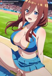 ai_generated anime blue_eyes bondage brown_hair cheerleader cheerleader_outfit cowgirl_position go-toubun_no_hanayome nakano_miku quintuplets ranwai sex stable_diffusion vaginal_penetration vaginal_sex