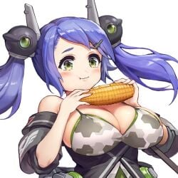 bare_shoulders big_breasts blue_hair blush cleavage closed_mouth corn detached_sleeves eating eating_food female female_focus female_only food game_cg green_eyes hair_ornament hairclip holding holding_food holding_object last_origin long_hair looking_at_food p-2000_djinnia puffed_cheeks sima_(startwitch) skindentation sleeveless smile smiling transparent_background twintails upper_body