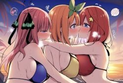 ai_generated bikini blue_eyes fff_threesome go-toubun_no_hanayome incest kissing large_breasts nakano_itsuki nakano_nino nakano_yotsuba outside red_hair sisters yuri