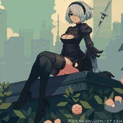 1girls animated black_gloves black_thighhighs blue_sky breasts cloud female female_only gloves hair_between_eyes highres itzah nier:_automata outdoors pixel_art sky solo sun thighhighs white_hair yorha_2b