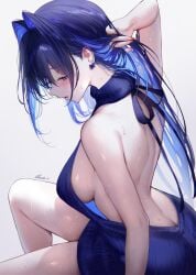 1girls absurd_res backless_outfit backless_sweater bare_legs bare_shoulders big_breasts blue_eyes blue_hair female high_quality hololive hololive_english ouro_kronii qiandaiyiyu sideboob solo sweatdrop virtual_youtuber vtuber wet_body