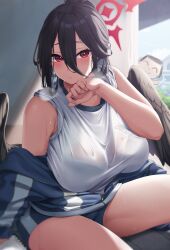 1girls big_breasts black_hair black_wings blue_archive bra bra_visible_through_clothes breasts busty curvaceous curvy curvy_body curvy_female curvy_figure female gym_uniform hasumi_(blue_archive) hasumi_(gym_uniform)_(blue_archive) huge_breasts large_breasts moisture_(chichi) ponytail red_eyes sweat sweatdrop sweating thighs trinity_general_school_student voluptuous wings