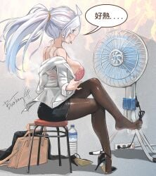 big_breasts bra electric_fan high_heels pantyhose pink_bra shirt sitting tagme white_hair white_shirt