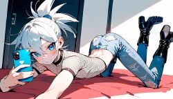 1femboy ai_generated ass_up blush femboy femboy_focus femboy_only fishnet_shirt fishnets hair_tied_back high_heel_boots laying_down mila_matsumoto nipples_visible_through_clothing oc original original_character selfie skinny_jeans torn_pants white_hair