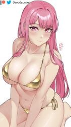 1girls artist_name artist_signature big_breasts bikini blush busty cleavage damobelmont gold_bikini hololive hololive_english hololive_myth light-skinned_female light_skin looking_at_viewer mori_calliope pink_eyes pink_hair string_bikini swimsuit virtual_youtuber vtuber