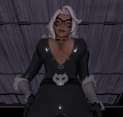 3d 3d_(artwork) black_cat_(fortnite) black_cat_(marvel) blue_eyes felicia_hardy fortnite fortnite:_battle_royale huge_breasts isquashyou looking_at_viewer looking_down marvel marvel_comics smile solo spider-man_(series) white_hair