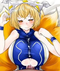 blonde_hair blush breasts censored cum cum_in_clothes cum_on_body cum_on_breasts cum_on_clothes cum_on_upper_body cum_through_clothes cum_through_clothing dark-skinned_male fox_tail fur han64 han_(jackpot) hat huge_breasts multiple_tails on_back paizuri paizuri_under_clothes penis penis_under_clothes pubic_hair ran_yakumo short_hair sweat tail tear touhou underboob wristband yellow_eyes