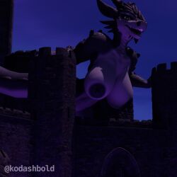 1girls 3d 3d_(artwork) anthro blender blender_(software) blender_cycles breasts castle dark_scales dark_skin dragon dragon_girl dragon_horns dragon_tail female female female_focus female_only giantess horns kodashbold naked naked_female nude nude_female purple_light scales scalie