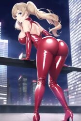 1girls ai_generated ann_takamaki ass blonde_hair blue_eyes bodysuit breasts buildings elbow_gloves gloves high_heels large_breasts latex latex_bodysuit latex_gloves looking_at_viewer night outside persona persona_5 red5805 red_bodysuit twintails