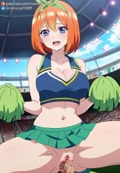 ai_generated anime blue_eyes cheerleader cheerleader_outfit cowgirl_position go-toubun_no_hanayome large_breasts nakano_yotsuba orange_hair quintuplets ranwai sex stable_diffusion vaginal_penetration vaginal_sex