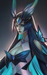 2d breasts butterfly cyan_eyes cyan_hair faerie_court_series faerie_court_syndra female league_of_legends long_hair piscina_(artist) syndra