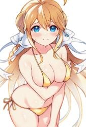 1female 1girls ahoge arm_under_breasts bikini blonde_hair blue_eyes blush cleavage cygames dragalia_lost ek_ra embarrassed embarrassed_female female golden_bikini hair_ornament large_breasts long_hair nintendo pointy_chin swimsuit swimwear wide_hips zethia_(dragalia_lost)