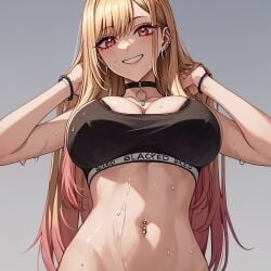 1girls ai_generated arms_behind_back black_bra blacked blacked_clothing blonde_hair blush female female_only human kitagawa_marin multicolored_hair piercing red_eyes smile solo sono_bisque_doll_wa_koi_wo_suru un0rth0