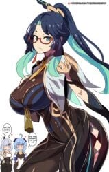 ahoge antenna_hair background_characters cloud_retainer_(genshin_impact) dark_blue_hair eyewear female_only ganyu_(genshin_impact) genshin_impact glasses hinghoi indigo_hair inseki kuudere light_blue_hair liyue milf red-framed_eyewear red-framed_glasses shenhe_(genshin_impact) silver_hair step-incest stepdaughter stepmother stepmother_and_stepdaughter stepsister stepsisters under-rim_eyewear under-rim_glasses xianyun_(genshin_impact)