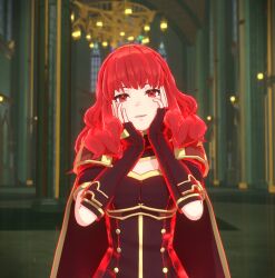 1girls 3d aura bangs breasts cape celica_(fire_emblem) clothed clothed_female corruption dress elbow_gloves female fingerless_gloves fire_emblem fire_emblem_echoes:_shadows_of_valentia fire_emblem_engage gloves hands_on_own_cheeks hands_on_own_face indoors looking_at_viewer nintendo open_mouth overused23 red_aura red_eyes red_hair small_breasts smile solo solo_female