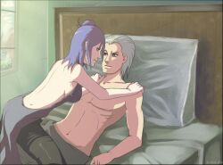 1boy 1girls bare_back bed bedroom cowgirl_position female female_on_top grey_hair hidan konan male male/female naruto naruto_(series) naruto_shippuden on_bed purple_hair shirtless straight villain