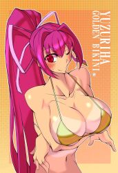 1girls asian bikini bikini_top blush bow bra breasts female_focus female_only japanese large_breasts looking_at_viewer ponytail sweat sweating tan_body tan_skin under_night_in-birth wink winking_at_viewer yoshitsuki yuzuriha_(under_night_in-birth)