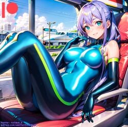 ai_generated bodysuit breasts female kuriboh_ex_(artist) latex latex_suit oppai pussy rubber rubber_suit turquoise_eyes turquoise_hair