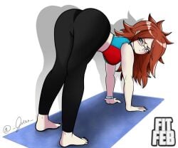 1girls android_21 android_21_(human) ass ass_focus big_ass blue_eyes booty brown_hair clothed dragon_ball dragon_ball_fighterz dragon_ball_super earrings exercise_clothing female female_only glasses hi_res highres laserclaw7 long_hair milf painted_nails pussy solo solo_female sports_bra sports_panties thick_ass visible_through_clothes vomi_(dragon_ball)