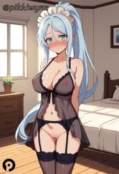 ai_generated aqua_eyes arms_behind_back babydoll bangs bed bedroom black_thighhighs blue_eyes blue_hair blush breasts censored cleavage closed_mouth collarbone covered_nipples cowboy_shot embarrassed female garter_belt hair_between_eyes indoors large_breasts light_blue_hair lingerie long_hair looking_at_viewer maid maid_headdress navel nipples no_panties nose_blush on_bed pikkiwynn pillow plant ponytail potted_plant pussy see-through sidelocks solo standing stockings sylpha tensei_shitara_dai_nana_ouji_dattanode,_kimamani_majutsu_o_kiwamemasu thigh_gap thighhighs underwear very_long_hair window