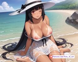 ai_generated beach breasts_out dress hat jabami_yumeko kakegurui neto_ai pareo solo_focus tan_body