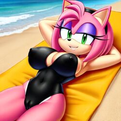 ai_generated amy_rose arms_behind_head beach black_swimsuit breasts cameltoe huge_breasts laying_on_back laying_on_towel mobians.ai nipples nipples_visible_through_clothing