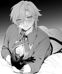 1boy absurdres aventurine_(honkai:_star_rail) bishounen bracelet cleavage_cutout clothing_cutout collared_shirt earrings gloves greyscale hachiten hair_between_eyes highres honkai:_star_rail honkai_(series) jewelry light_blush looking_at_viewer male_focus monochrome pants pectoral_cleavage pectorals shirt short_hair solo solo_male