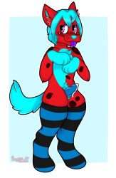 1boy anthro bright_colors buggiesdoodles femboy furry half-closed_eyes hyena nervous precum thighhighs tongue_out